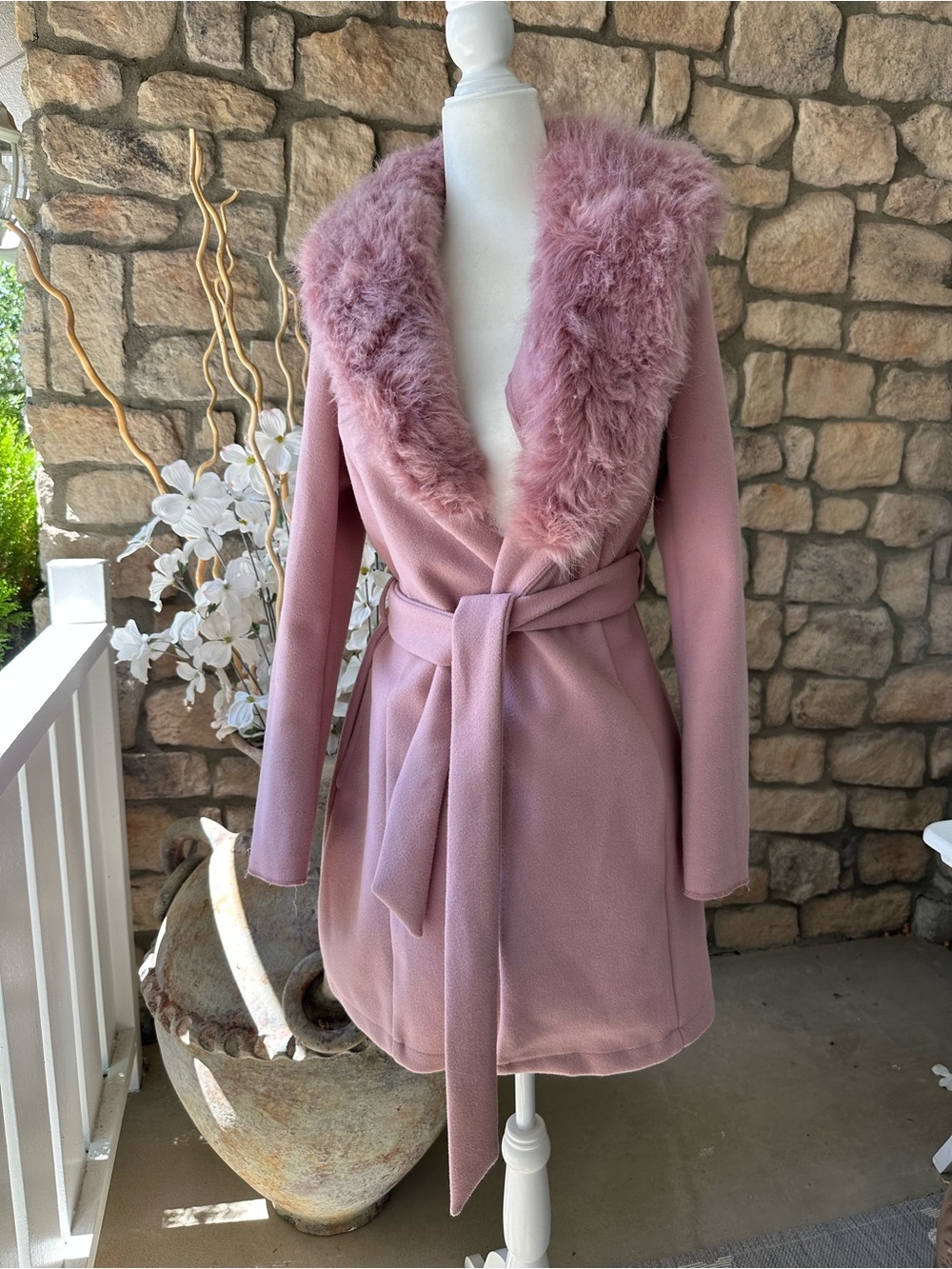 Haute Monde Dusty Pink Faux Fur Collar Wrap Coat